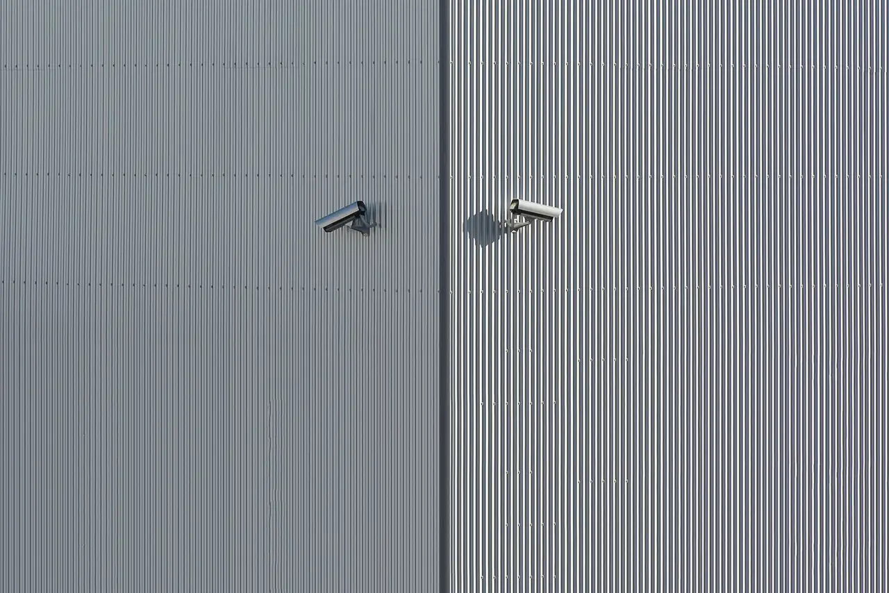 Corrugated metal wall with two mounted security cameras in a minimalist style.